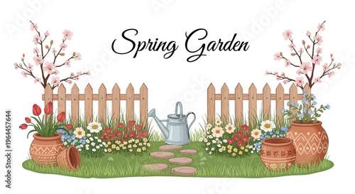 A colorful spring garden scene with blooming flowers, a watering can, and a picket fence along a winding path