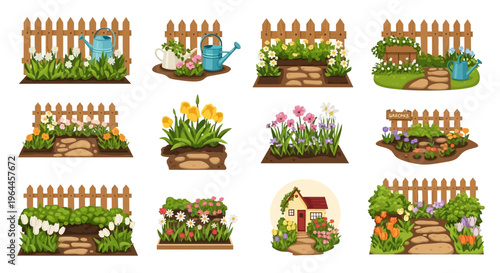 Colorful spring garden illustration set featuring blooming flowers, fences, watering cans, and paths, ideal for blog headers and editorial visuals