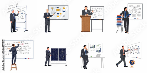 Collection of flat vector illustrations featuring professors and business professionals presenting various educational topics and data on whiteboards.