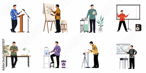 Vector illustration set of Indonesian men in traditional batik shirts engaged in professional activities like teaching, presenting, speaking, and working in office environments.