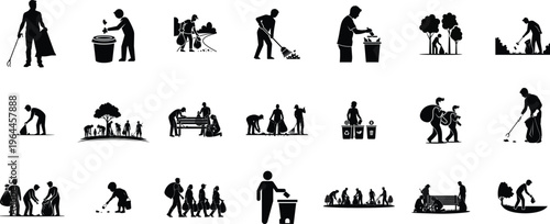 Silhouette of various people engaging in daily activities and occupations in black and white