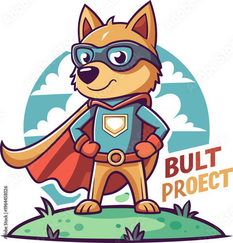 Cartoon dog superhero in cape and goggles standing confidently on grass with blue sky background