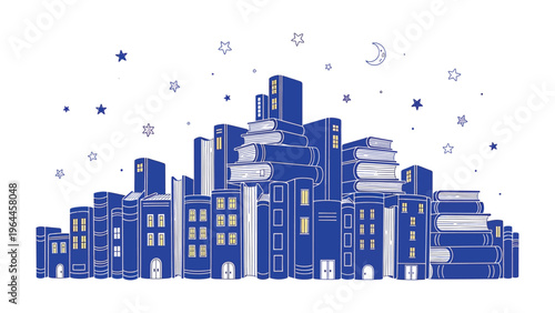 Literary Cityscape: A whimsical illustration portrays a cityscape crafted entirely from towering stacks of books, representing a world of knowledge and imagination.