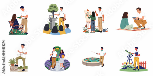 Flat vector illustrations of students and teachers engaged in diverse outdoor educational activities, including lectures, nature observations, and astronomy in beautiful garden settings.