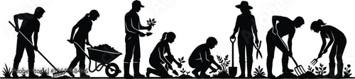 Gardening people silhouette vector set featuring planting, digging, raking and caring for plants isolated on white background for agriculture, nature and hobby design