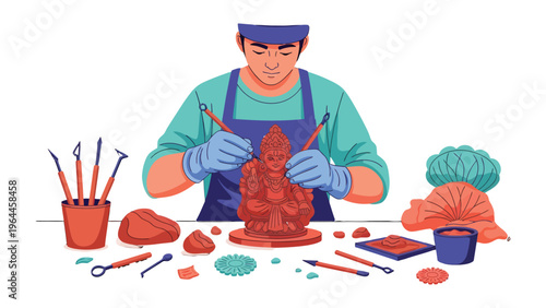 Artisan's Hand: A skilled craftsman meticulously sculpts a clay figure, his hands guided by precision, showcasing the dedication to his craft, transforming raw material into a work of art.