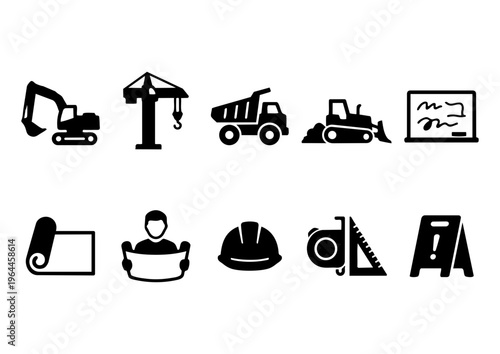 Construction Worker and Tools Icons Set – 16 Black Building, Engineering & Safety Equipment Vector Icons