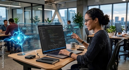 Obraz na płótnie A software developer manages an AI agent through holographic interfaces, generating code and analyzing data in a modern, sunlit office.