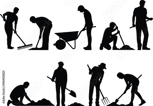 Black silhouette set of male gardeners and farmers working with various hand tools like shovel rake pitchfork and wheelbarrow on white background