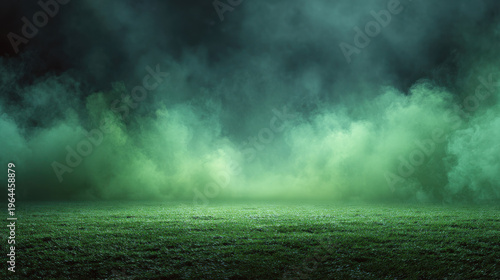 Mysterious green smoke cloud over dark grass field night landscape, eerie foggy atmosphere with toxic vapor haze and dramatic moody light effect background fantasy