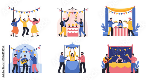 People celebrating various events under decorated tents and canopies, enjoying festive gatherings.