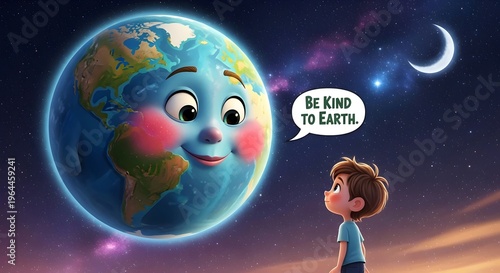 Earth planet character in space saying kindly to a boy kid Be kind to Earth, in a Speech bubble, 3d cartoon