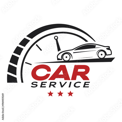Car service speedometer logo with car and stars with engine shop