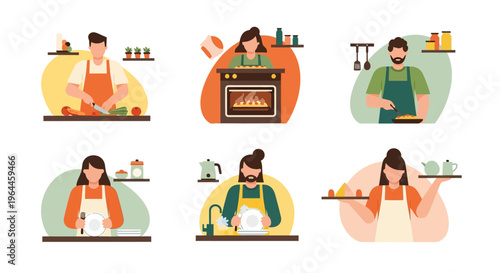 People cooking and preparing food in various kitchen activities, including baking, chopping, and serving.