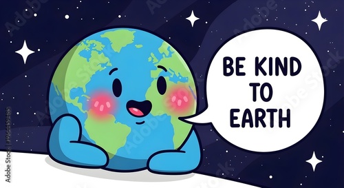a cute earth planet character in the night sky saying Be kind to Earth, in a Speech bubble, cartoon illustration 