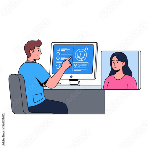 Professional male doctor explaining medical test results and health data to a female patient during an online video consultation session