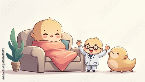 A charming chibi style illustration of a cute baby patient resting on a sofa with a tiny doctor and a pet