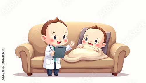A charming chibi style illustration of a cute baby doctor visiting a sick baby patient on a sofa for a medical checkup