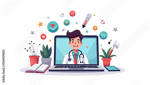 Professional male doctor providing online medical consultation via laptop screen with floating health icons and office supplies