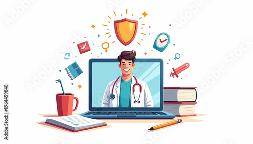 Professional male doctor providing online medical consultation through a laptop screen with health icons, medical equipment, and insurance protection symbols.
