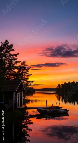 Sunset over the lake with a boat and a cabin.
