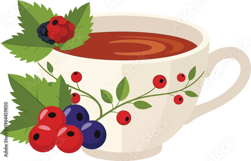 A cup of hot berry tea decorated with fresh red currants and blackberries on a white background