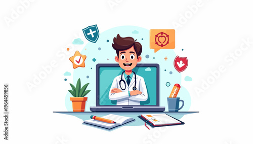 Professional male doctor character providing online medical consultation via laptop screen in toon style illustration for digital healthcare services