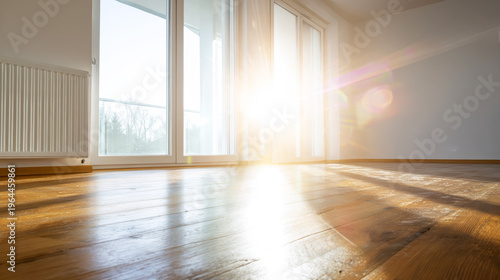 Sunny room with new wooden parquet flooring and radiator, bright light streaming through large windows, modern home interior