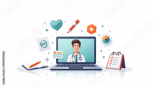 Professional male doctor providing online medical consultation via laptop with healthcare icons and checklist on white background