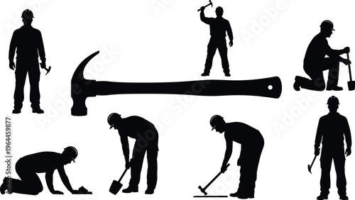 Set of construction worker silhouettes, male builder characters with hammer and shovel, manual labor icons, industrial work contractor vector assets, repairman illustrations.