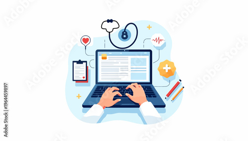 Professional flat vector illustration of hands typing on a laptop for telemedicine, online medical consultation, and digital healthcare management services.