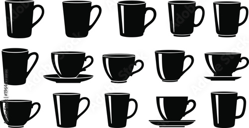 Set of coffee cup and mug silhouettes, black ceramic tea cups with saucers, kitchenware icons for cafe menu, breakfast beverage vector illustration,