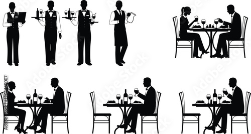 Set of restaurant silhouettes featuring professional waiters serving wine and food alongside couples dining at tables for fine dining and hospitality industry vector designs.