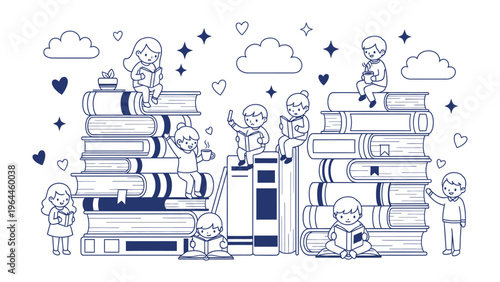 Reading Wonderland: An enchanting illustration of children engrossed in reading, perched atop towering stacks of books amidst a whimsical dreamscape.