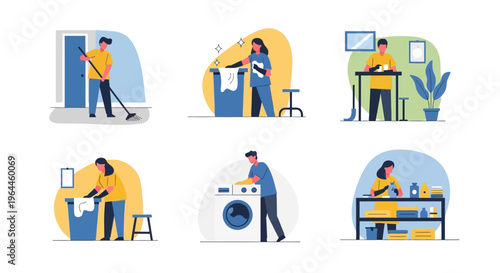 People engaged in various household chores and cleaning activities.