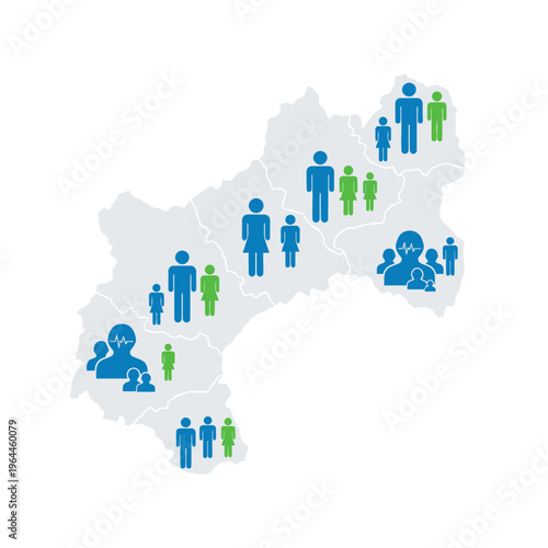 Demographic Map Showing Population Distribution and Regional Statistics with Human Icons and Healthcare Vital Signs Symbols on White Background