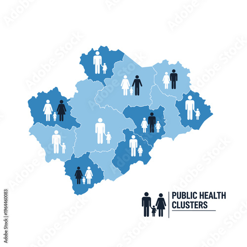 Infographic map of public health clusters illustrating regional population demographics and family distribution for healthcare planning and social analysis.