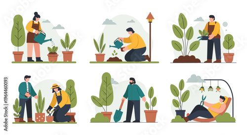 People engaged in various gardening activities, tending to plants and enjoying nature.
