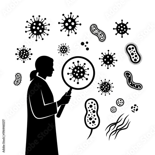 Silhouette of a female scientist examining viruses and bacteria with a magnifying glass for disease control research