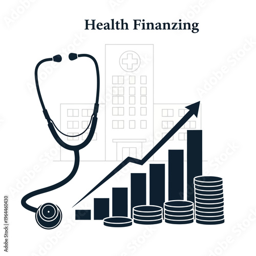 Health financing concept illustration with stethoscope hospital building and rising financial growth chart with coins