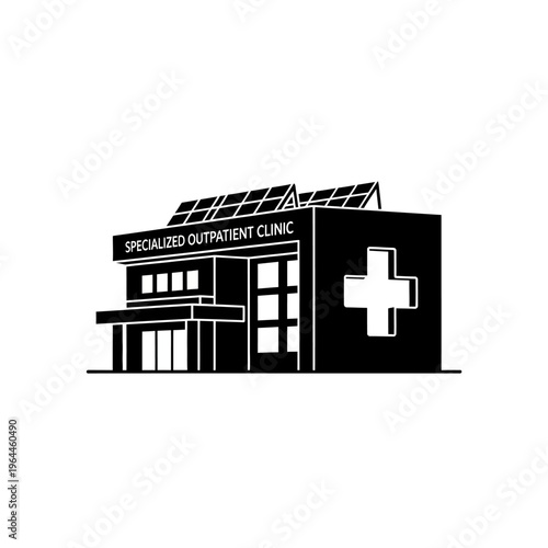 Modern specialized outpatient clinic building icon with solar panels and medical cross symbol isolated on white background