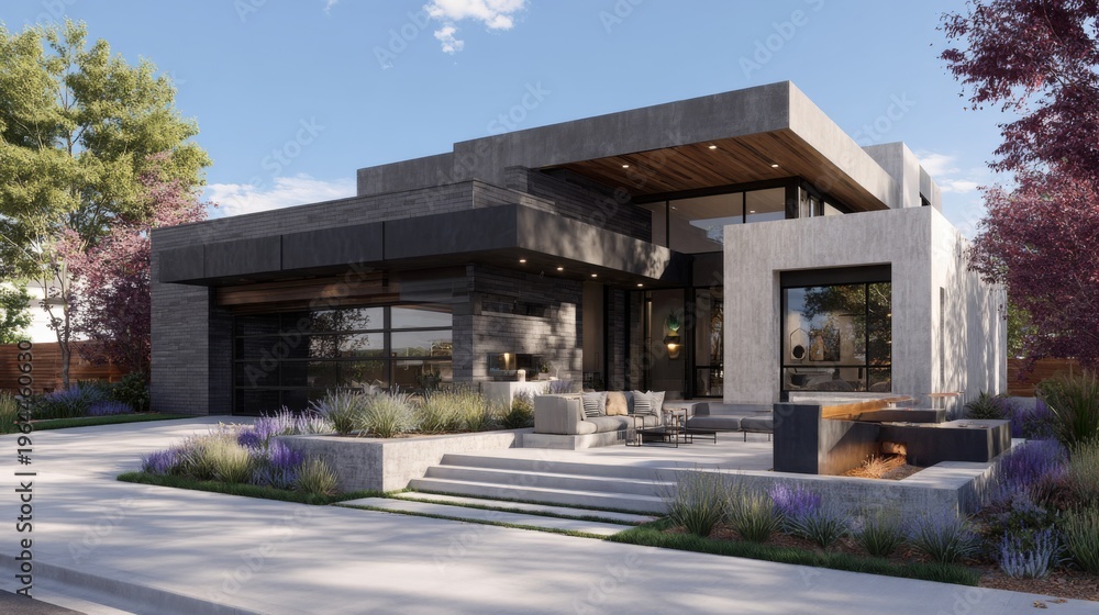 Fototapeta premium Modern Architectural Home Exterior with Elegant Design and Lush Landscaping in a Peaceful Residential Setting