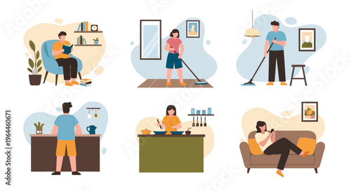 People engaging in various daily activities at home, including reading, cleaning, cooking, and relaxing.