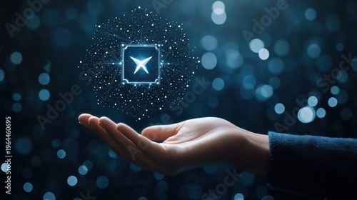 Hand holding holographic airplane icon, futuristic digital art