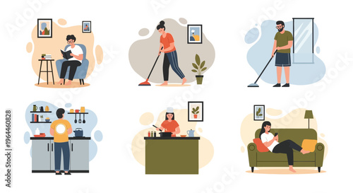 People engaging in various daily activities at home, including reading, cleaning, cooking, and relaxing.