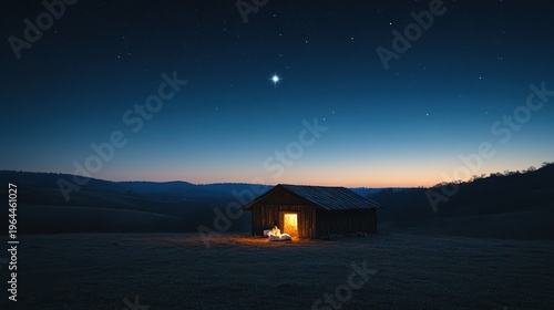 Illuminated Stable at Night, Starlit Hills
