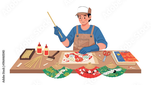 Artisan Crafting: An artisan, engrossed in meticulous craftsmanship, brings life to a handcrafted fan, a testament to skill and dedication.