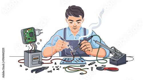 Tech Repair Wizard at Work: A skilled technician diligently repairs electronic components using precision tools, representing the intricate process of technology maintenance and repair.