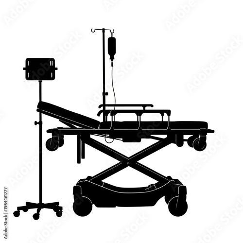 Professional silhouette of emergency medical equipment with hospital bed, intravenous drip, and patient monitor for healthcare concepts
