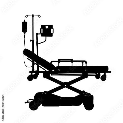 Black silhouette of an emergency medical gurney with intravenous drip and heart monitor equipment isolated on white background